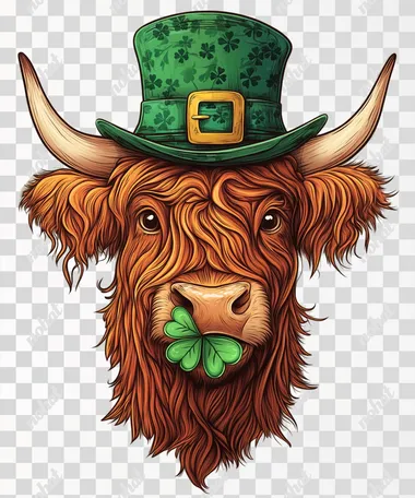 PNG Highland cow with green hat and shamrock, St. Patrick's Day clip art PNG Highland cow with green hat and shamrock, St. Patrick's Day clip art