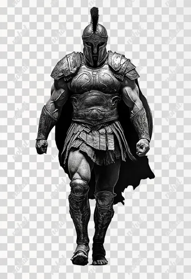 PNG Hyper-realistic gladiator in armor with sword, front view, black and grey