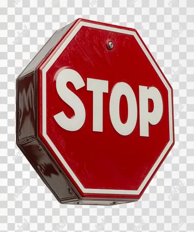 PNG Hyper-realistic Red Octagonal Stop Sign with White Letters in Air PNG Hyper-realistic Red Octagonal Stop Sign with White Letters in Air