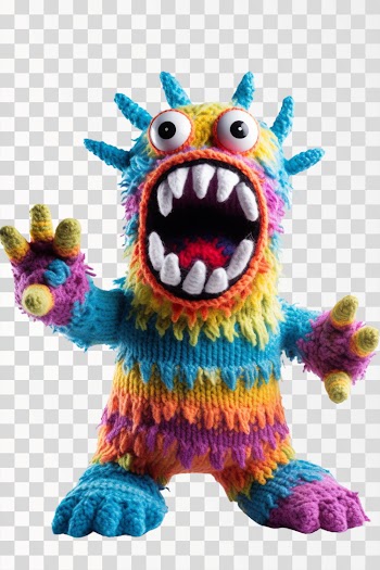 PNG image of colorful standing knitted monster with hands raised high in the air
