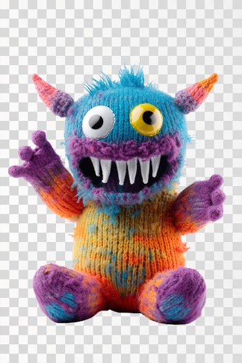 PNG image of colorful standing knitted monster with hands raised high in the air
