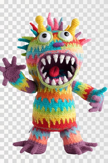 PNG image of colorful standing knitted monster with hands raised high in the air