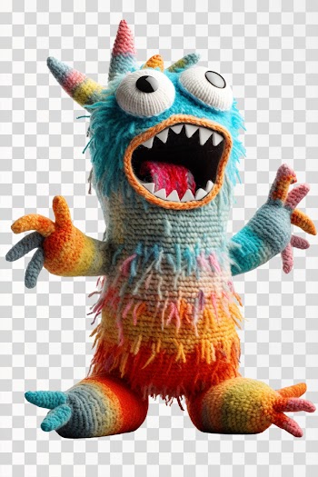 PNG image of colorful standing knitted monster with hands raised high in the air