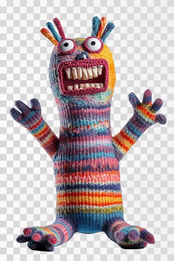 PNG image of colorful standing knitted monster with hands raised high in the air