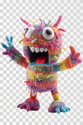 PNG image of colorful standing knitted monster with hands raised high in the air
