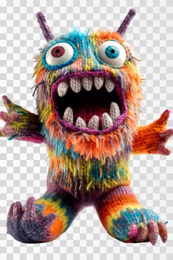 PNG image of colorful standing knitted monster with hands raised high in the air