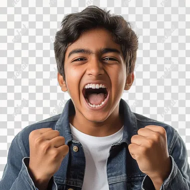 PNG Indian teen boy celebrating achievement with fists raised in joy