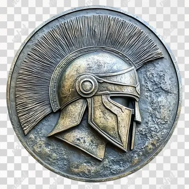 PNG Intricate Bas-Relief Spartan Helmet on Metal Plate PNG Intricate Bas-Relief Spartan Helmet on Metal Plate