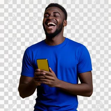 PNG Joyful dark-skinned man in blue football t-shirt laughing with phone