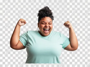 PNG Joyful woman in mint green t-shirt celebrating on white backdrop