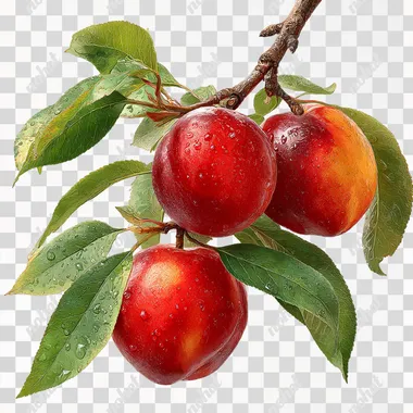 PNG Juicy Peaches on a Branch with Fresh Green Leaves PNG Juicy Peaches on a Branch with Fresh Green Leaves