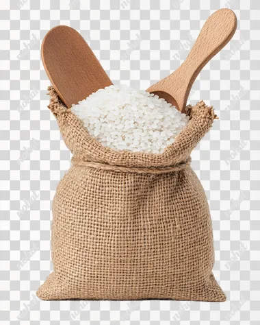 PNG Jute Sack of Rice with Wooden Scoop, Isolated Clipart PNG PNG Jute Sack of Rice with Wooden Scoop, Isolated Clipart PNG