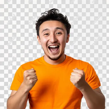 PNG Kazakh Man in Orange T-Shirt Joyfully Celebrating with Fist Up