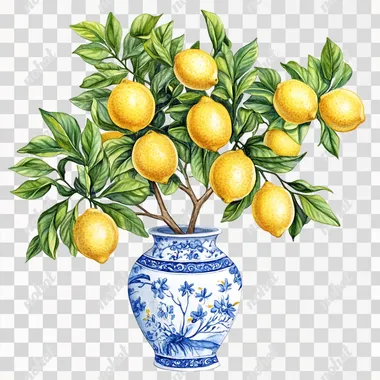 PNG Lemon tree in blue chinoiserie vase with vivid yellow lemons and leaves