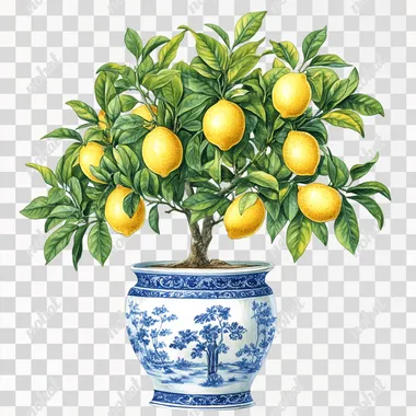 PNG Lemon Tree with Vivid Lemons in Blue Chinoiserie Vase for Living Room PNG Lemon Tree with Vivid Lemons in Blue Chinoiserie Vase for Living Room