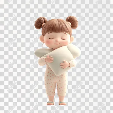 PNG Little girl in pajamas holding pillow, eyes closed, smiling in cozy scene