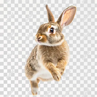 PNG Lively brown and white rabbit jumping in open field environment