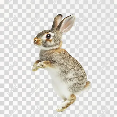 PNG Lively rabbit jumping in a playful pose on a pure white backdrop