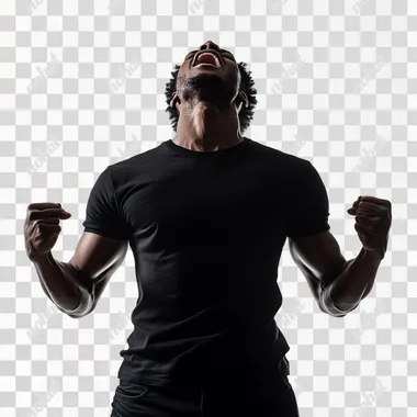 PNG Man in Black Clothing Exulting Strength Against White Background, PNG