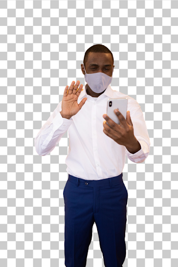 PNG Man Video Calling with Smartphone, Wearing Face Mask