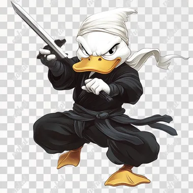 PNG Master Quack: Epic Angry Ninja Duck Fighting in Mid-Air with Sword