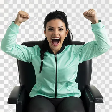 PNG Mexican woman in mint soccer jersey cheering excitedly in stadium chair PNG Mexican woman in mint soccer jersey cheering excitedly in stadium chair