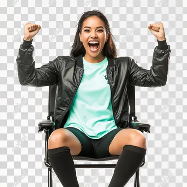 PNG Mexican woman in soccer jersey cheering from elegant stadium chair PNG Mexican woman in soccer jersey cheering from elegant stadium chair