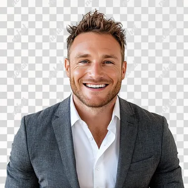 PNG Motivation Coach in a Suit Smiling for the Camera in Office Setting