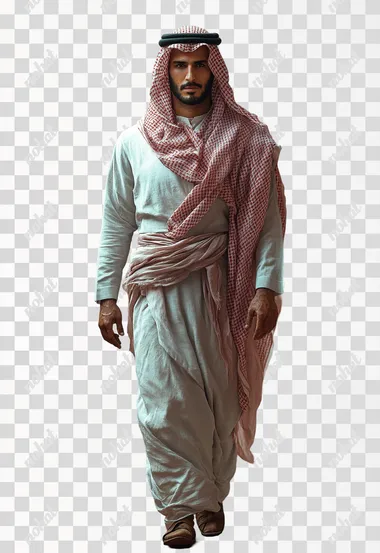 PNG of a Handsome Saudi Man in Turban Walking in Unreal Engine Style