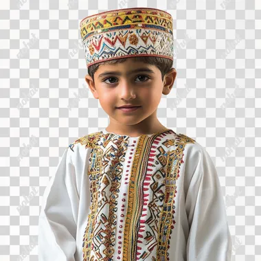 PNG of a young boy in a white shirt and a vibrant, colorful hat