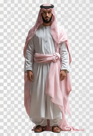 PNG of Handsome Saudi Man in Pink and White Traditional Outfit