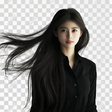 PNG of Japanese female model with long black hair in classy pose