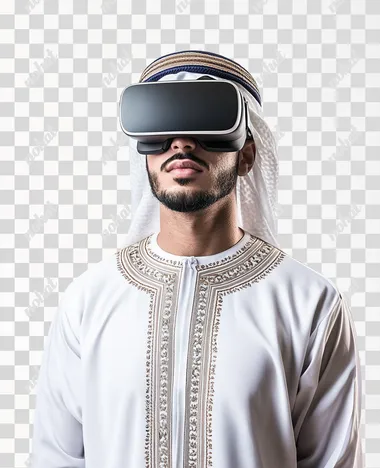 PNG of Young Omani Man in Dishdasha Wearing VR Glasses - Arabia