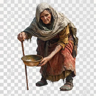 PNG Old Begging Woman in Ragged Medieval Clothes Holding Bowl and Stick