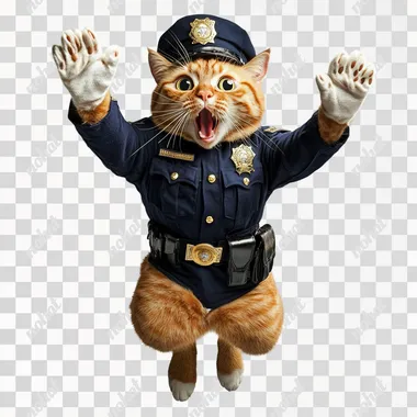 PNG Orange tabby cat in police uniform leaping with surprised expression