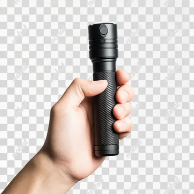 PNG Person holding a flashlight in hand in a living room setting, studio shot