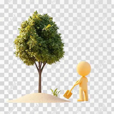 PNG Person with shovel in garden beside colorful tree – 3D cartoon illustration