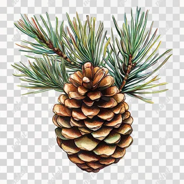 PNG Pine Cone Clipart on Pine Tree Branch for Vintage Christmas Card