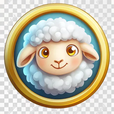 PNG Playful Cartoon Sheep Badge in Gold Frame with Checkered Pasture