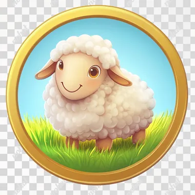 PNG Playful Cartoon Sheep in Lush Grass with Gold Round Badge Frame