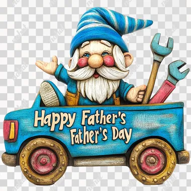 PNG Playful Gnome Sculpture in Colorful Truck for Father's Day PNG Playful Gnome Sculpture in Colorful Truck for Father's Day