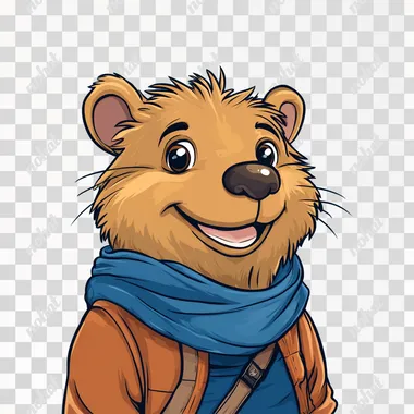 PNG Quokka Mascot Cartoon: Cheerful Bear in Scarf and Backpack Outdoors