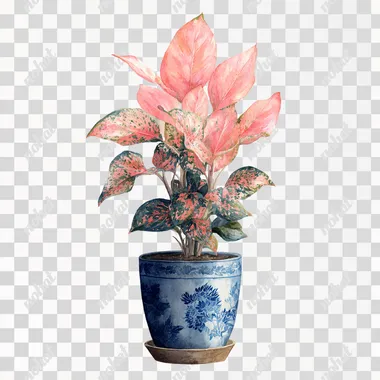 PNG Realistic Watercolor Chinese Evergreen Plant in Decorative Pot
