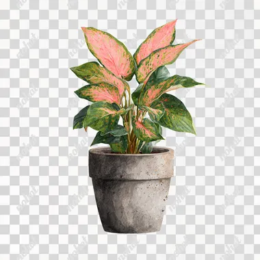 PNG Realistic Watercolor Coral Chinese Evergreen Plant in Pot