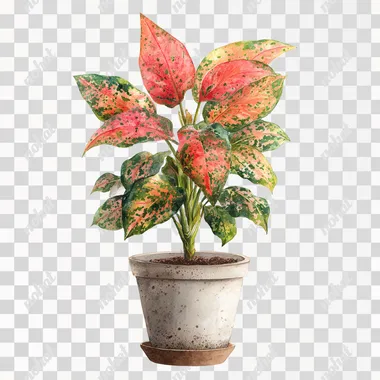 PNG Realistic Watercolor Coral Chinese Evergreen Plant in Pot