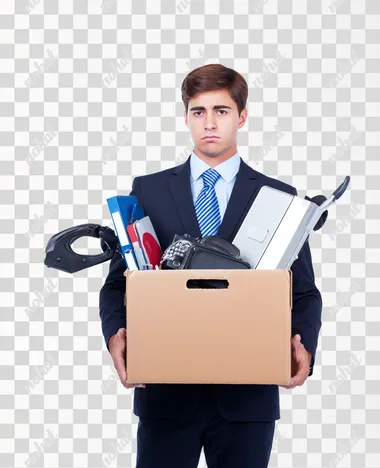 PNG Sad Young Man in Business Suit with Cardboard Box of Office Equipment PNG Sad Young Man in Business Suit with Cardboard Box of Office Equipment