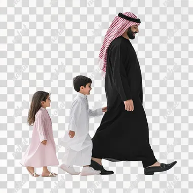 PNG Saudi family walking down the street side view with two children