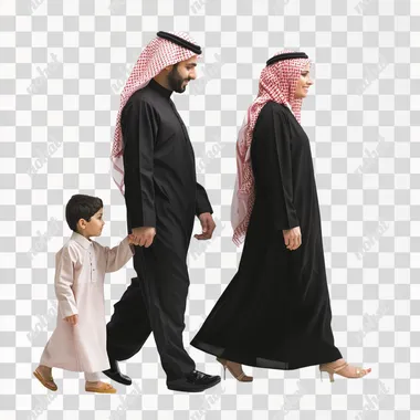 PNG Saudi family walking side by side with child on white background