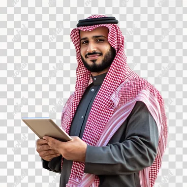 PNG Saudi man in a suit holding a tablet computer, modern lifestyle scene