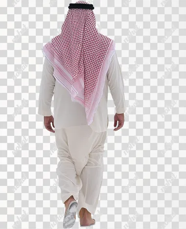 PNG Saudi man in white outfit with pink scarf walking in white environment